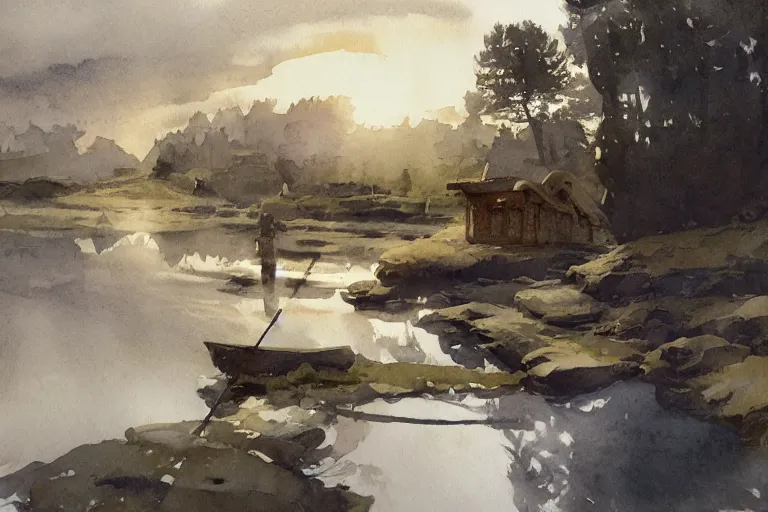 Prompt: abstract watercolor painting of hedonic scandinavian king house, in stone, straw roof, war lord, magical and traditional, reflective river, cinematic light, national romanticism by anders zorn, by greg rutkowski, by greg manchess