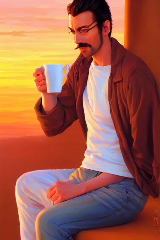 Image similar to attractive man drinking coffee, sunset, painting by jean giraud, vladimir volegov, ross tran, tom of finland, trending on artstation