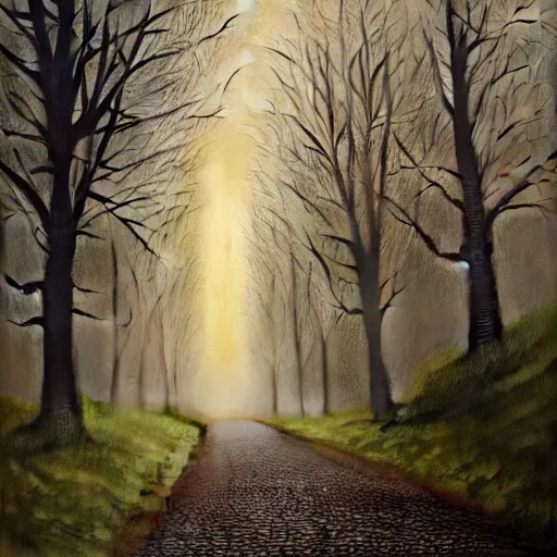 Image similar to in the style of gerald brom, beautiful small down, cobblestone roads, low light, end of day, trees, forest in the distance, light mist