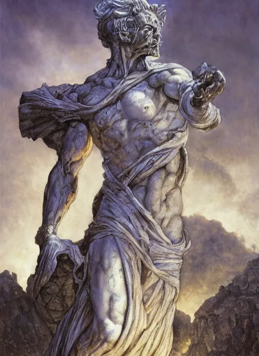 Image similar to ancient biblical statue of a diabolical marble cyborg, wearing torn white cape, dynamic pose, thunder, glowing eyes, post apocalyptic ancient ruins, glowing veins subsurface scattering, in clouds, sunset, portrait, by gerald brom, by mikhail vrubel, by peter elson, muted colors, extreme detail, trending on artstation, 8 k