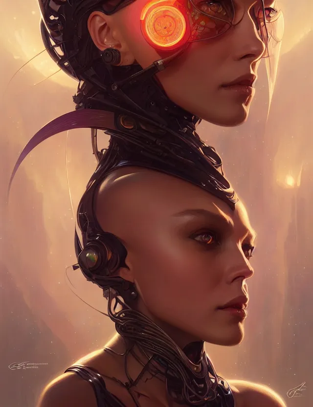 Image similar to futuristic woman portrait, sci-fi, amber eyes, face, long hair, fantasy, intricate, elegant, highly detailed, digital painting, artstation, concept art, smooth, sharp focus, illustration, art by artgerm and greg rutkowski and alphonse mucha