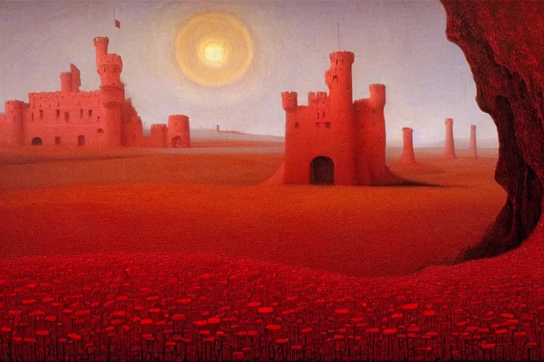 Image similar to only with red, red mushrooms of different types, a red tiger, a castle in the background, medieval demons dance over the flowers, an ancient path, in the style of beksinski, part by hopper, part by rodcenko, part by hofbauer, intricate composition, red by caravaggio, insanely quality, highly detailed, masterpiece, red light, artstation