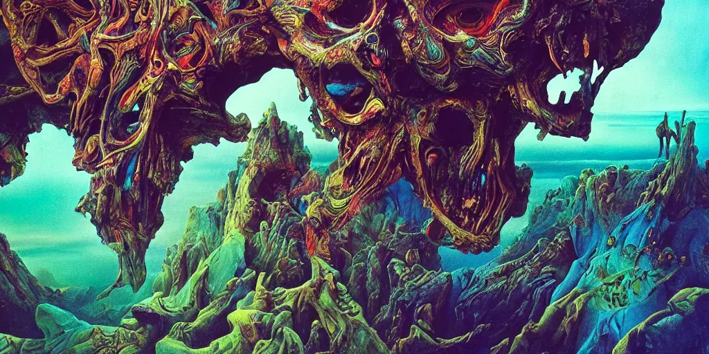 Image similar to ultrawide angle colour masterpiece surreal closeup portrait photography of surrealism by annie leibovitz and michael cheval, incredible sense of depth and perspective and clarity, weird surreal epic psychedelic complex biomorphic 3 d fractal landscape giant beast skull by kilian eng and roger dean and giger and salvador dali and beksinski, 8 k