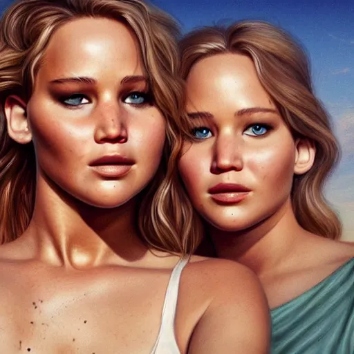 Image similar to beautiful serene intricate portrait of jennifer lawrence and jennifer lawrence taking a selfie, relaxing on the beach, golden hour, soft focus, 8 k, art by irakli nadar, hyperrealism, hyperdetailed, ultra realistic