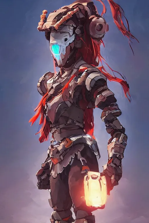 Image similar to combination suit armor aloy horizon forbidden west horizon zero dawn robot ninja mask helmet backpack tribal, fanart behance hd artstation by jesper ejsing, by rhads, makoto shinkai and lois van baarle, ilya kuvshinov, ossdraws