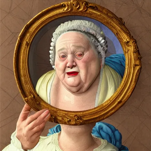 Image similar to a very funny stylize oil painting in renaissance style of a sweet fat old woman kissing her reflection. symmetry face, red mouth, blue eyes. flowery dress. hyper realistic scene. 3 d, octane render, deep focus, white scene. very funny and sweet image. unreal engine. watercolor. fellini style. klee style.