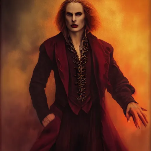 Image similar to majestic gracious regal aristocratic male vampire lestat de lioncourt portrait, atmospheric lighting, painted, menacing, intricate, volumetric lighting, beautiful, rich deep colours masterpiece, golden hour, sharp focus, ultra detailed, by leesha hannigan, ross tran, thierry doizon, kai carpenter, ignacio fernandez rios