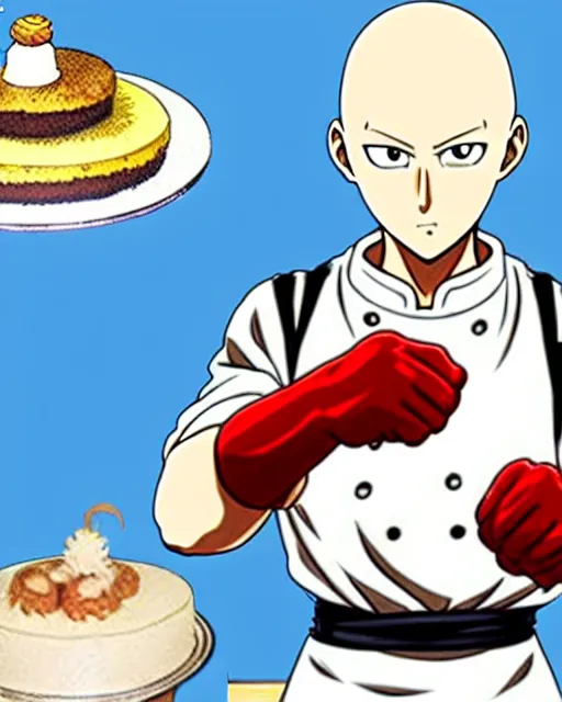 Image similar to chef saitama one punch man, dressed as a pastry chef, fiercely focused at making a cake, beautiful anime artwork