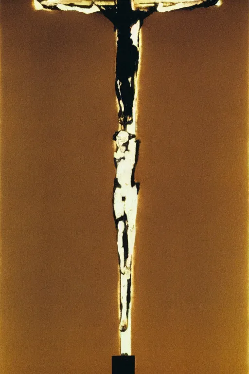 Image similar to light of god illuminating jesus christ crucified painted by cy twombly and andy warhol