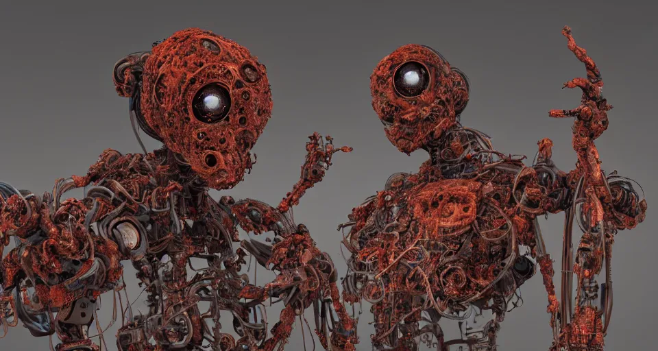 Image similar to Techno-biological rusty robot geisha consisting of tumors, veins, bones, kidneys, wires. Biopunk, body-horror, high detail, photorealism, full length view, very rust, concept art, octane render, 16k, 8k