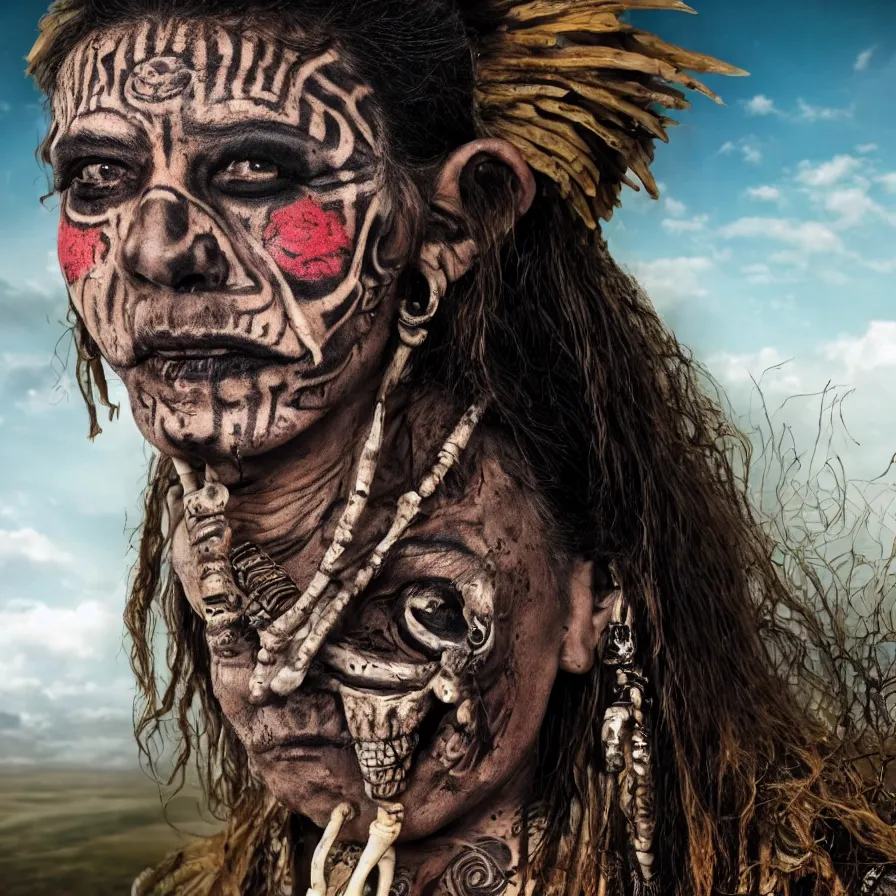 Prompt: extremely detailed award winning national geographic full body portrait photography from ancient mayan elder shaman warrior with terrifying face tattoos and heavy bone piercings . 64megapixel. 4k 8k. Realistic render. Influenced by apocalypto. Landscape background what is slightly blurry and windy.
