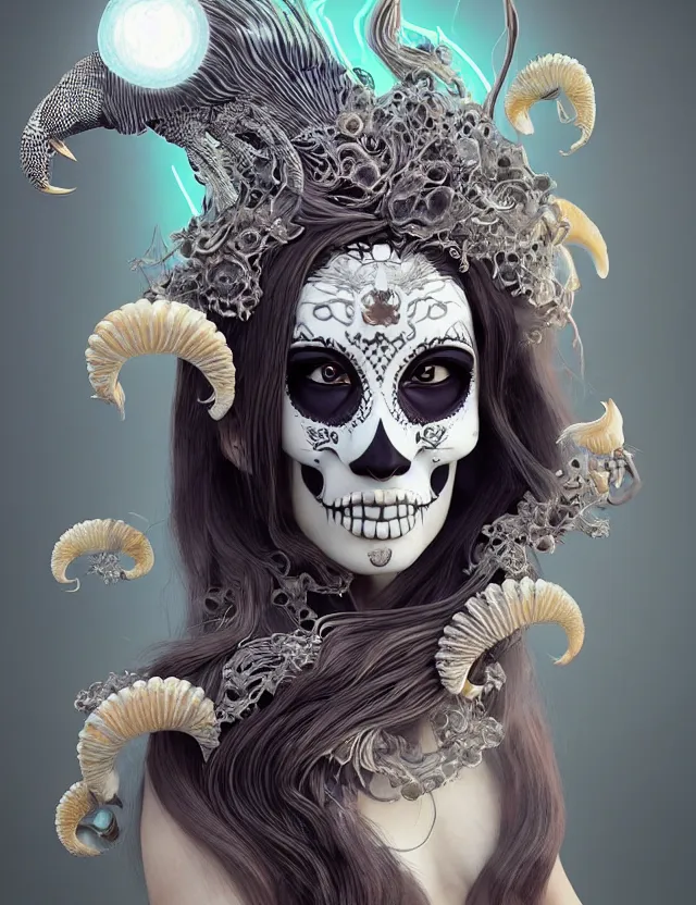 Image similar to 3 d goddess skull half - turn portrait with long hair with ram skull. beautiful intricately detailed japanese crow kitsune mask and clasical japanese kimono. betta fish, jellyfish phoenix, bio luminescent, plasma, ice, water, wind, creature, artwork by tooth wu and wlop and beeple and greg rutkowski