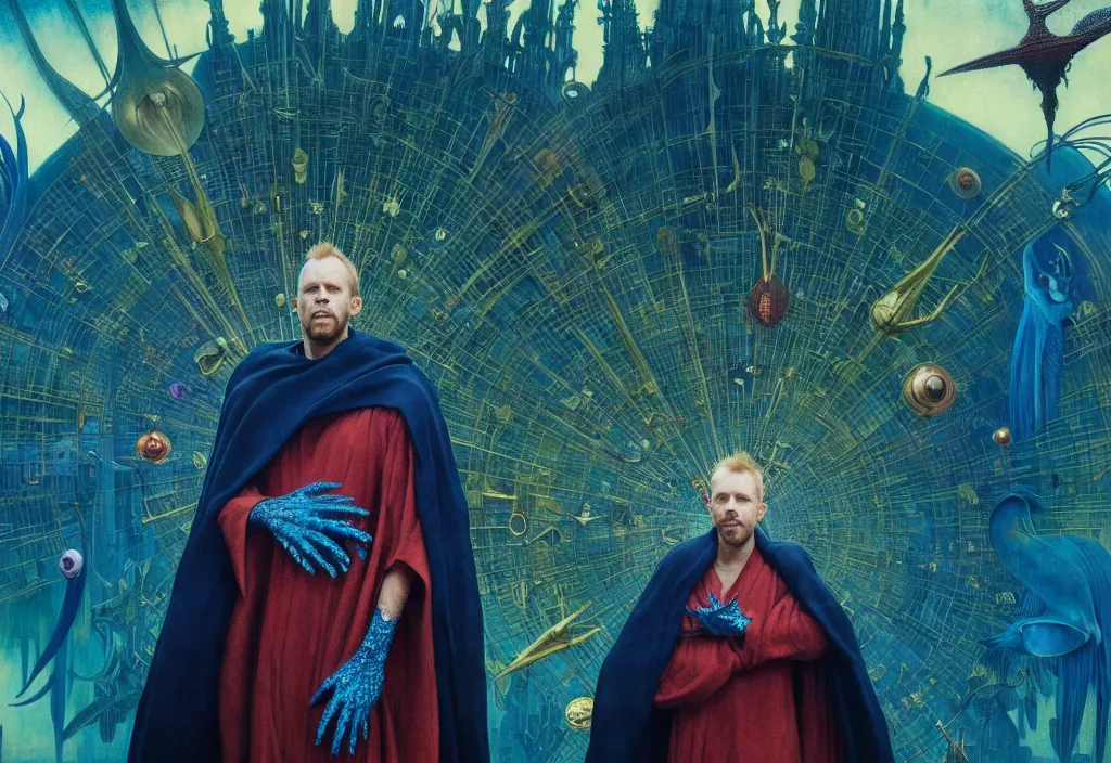 Image similar to realistic detailed portrait movie still of a birdman wearing dark robes, sci fi city landscape background by denis villeneuve, amano, yves tanguy, alphonse mucha, ernst haeckel, max ernst, roger dean, masterpiece, rich moody colours, cinematic, blue eyes, snarling dog teeth