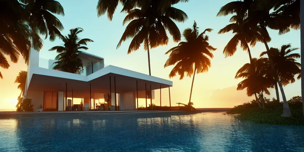 Prompt: modern house in a tropical setting, a view of the beach, coconut trees, sunset, photorealism, beautiful, cinematic dramatic atmosphere, volumetric cinematic perfect light, detailed octane render trending on artstation, 8 k, by chris hytha and jag studio