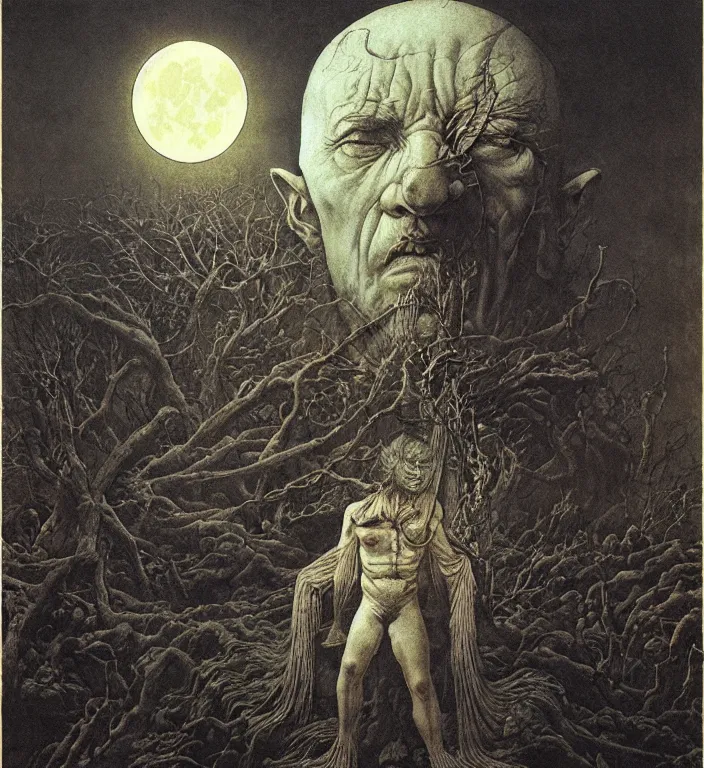 Prompt: old white - headed man under the huge moon on a street of ruined city by beksinski and takato yamamoto and austin osman spare, very coherent, baroque elements