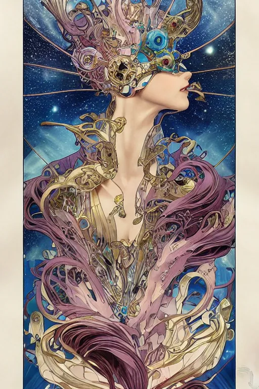 Image similar to swimming through time, by artgerm and yoshitaka amano and moebius and alphonse mucha, hyperdetailed, glamour, surreal, abomination, dc comics, ornate, nebula, explosions in the sky, trending on artstation