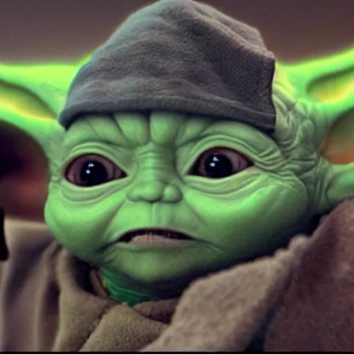 Image similar to A film still of Baby Yoda as a Jedi king wearing his crown realistic,detailed