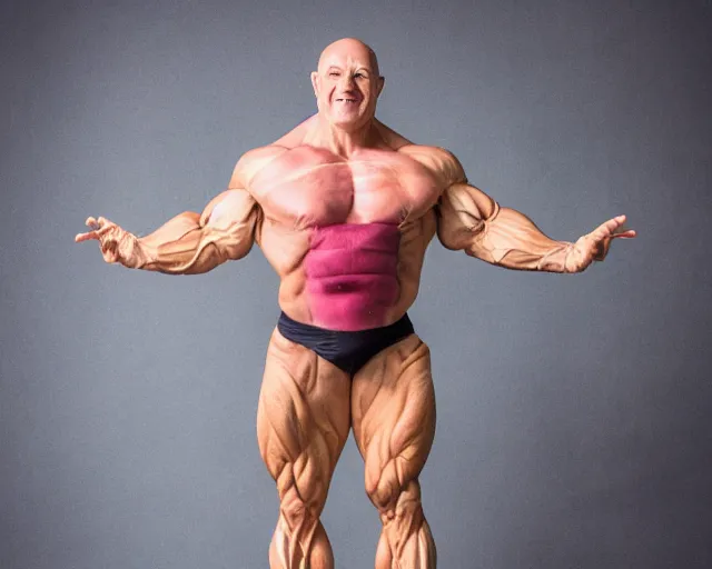 Image similar to human birthday cake hybrid, muscular arms, studio photography, humanoid cake