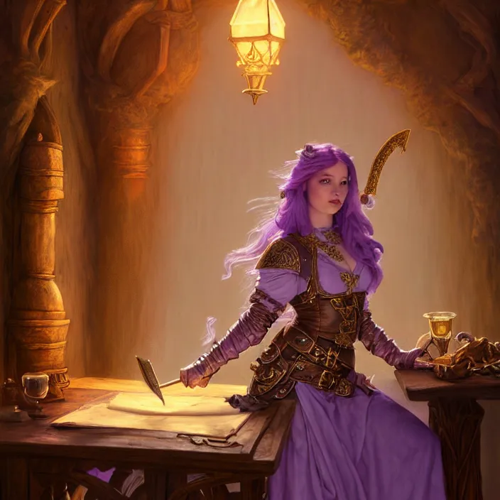 Image similar to d & d bard with her lilac leather armor in an inn, volumetric lighting, fantasy, intricate, elegant, highly detailed, lifelike, photorealistic, digital painting, artstation, fox ears illustration, concept art, sharp focus, by john collier and albert aublet and krenz cushart and artem demura and alphonse mucha