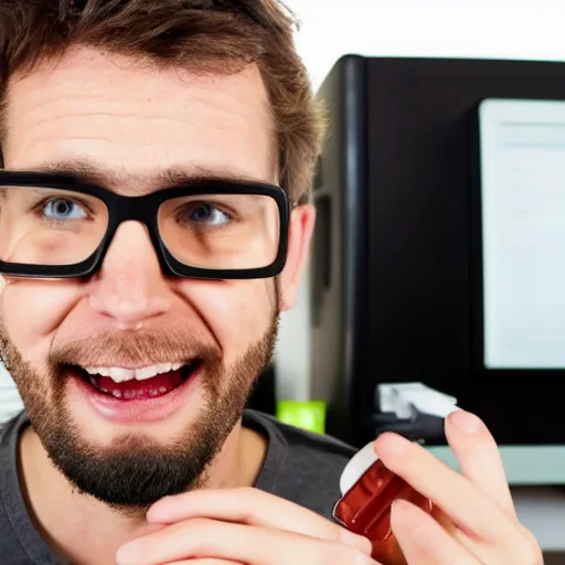 Prompt: guy on acid with glasses and a short scruffy beard trying to fix a computer while eating mcdonalds