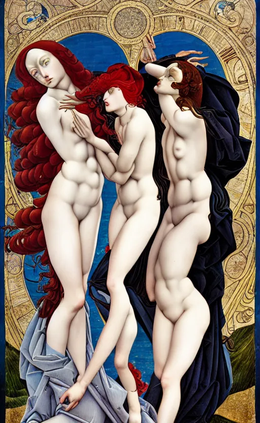 Image similar to 3 figures representing Winter, in a mixed style of Botticelli and Æon Flux, inspired by pre-raphaelite paintings and shoujo manga, symbolic, dramatic composition, hyper detailed, stunning inking lines, flat colors, 4K photorealistic