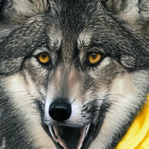 Prompt: a close-up of an anthro mexican gray wolf face wearing a yellow raincoat from Dark (Netflix series), pencil drawing