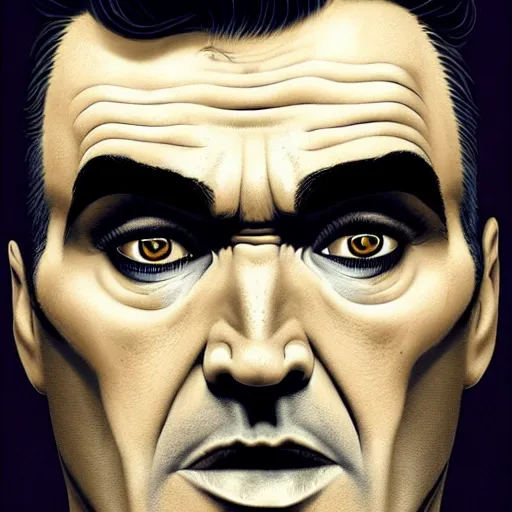 Prompt: portrait of a handsome morrissey as a zombie with cuts and with a large quiff and thick eyebrows, 7 days to die zombie, fine art, award winning, intricate, elegant, sharp focus, cinematic lighting, digital painting, 8 k concept art, art by z. w. gu, art by brom, art by michael hussar, 8 k