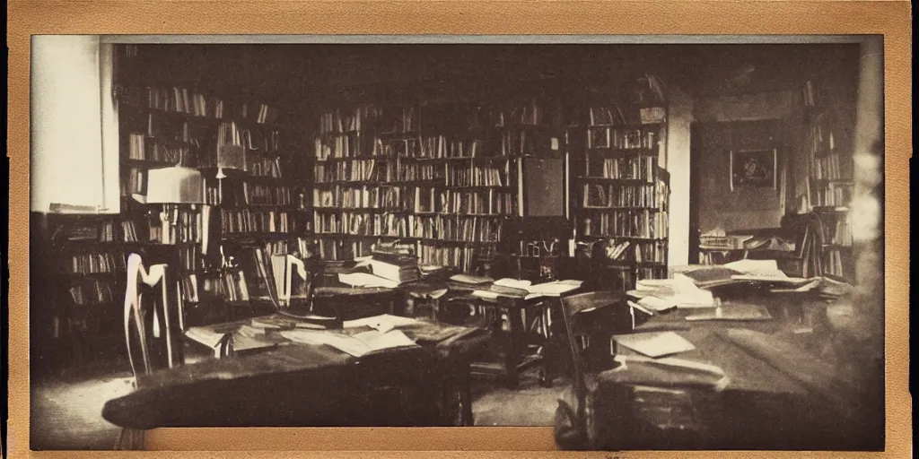 Image similar to 1880, inside a writer room, many books, piles of books, beautiful light, long shadows, 50 mm lens, polaroid photo, yellowed, crackles, scratches, dust, stains