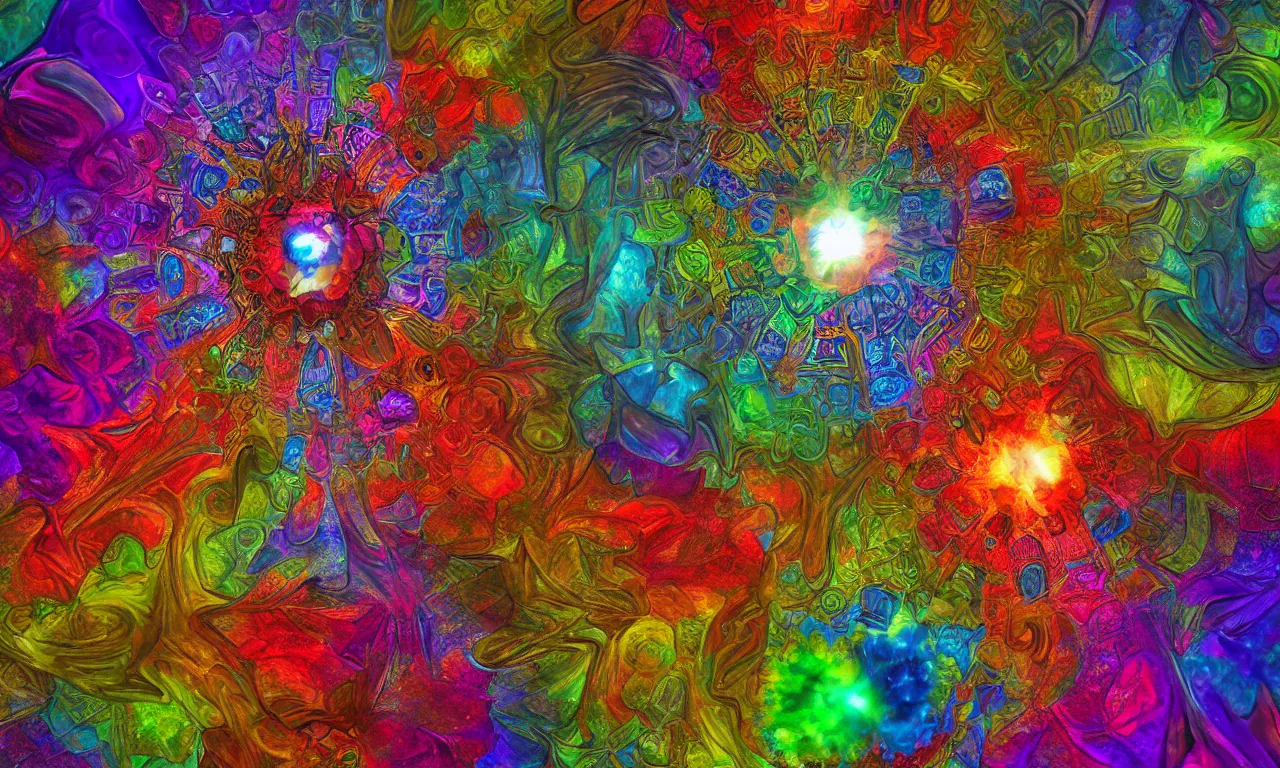 Image similar to acrylics blob voronoi engine laboratory 3 d volume kaleidoscope mandala fractal chakra digital multicolor stylized concept substance liquid nebula stone, a spectacular view cinematic rays of sunlight comic book illustration, by john kirby radiating a glowing aura global illumination ray tracing hdr depth fog overlay multiply photoshop layer