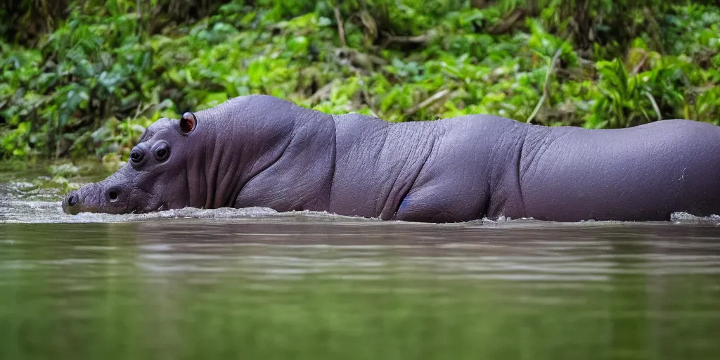 Image similar to a single hippo in a river in the jungle. the hippo has large wings. extremely high fidelity, natural lighting