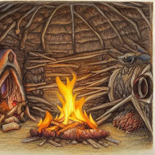 Image similar to a dragon native living in a small clay hut near a campfire, extremely stunning and detailed colored pencil drawing