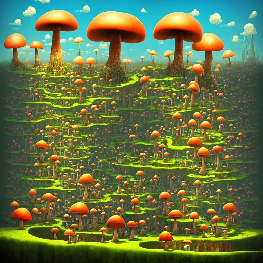 Image similar to surreal mushroom kingdom, floating island in the sky, waterpipes in the ground, summer morning, very coherent and colorful high contrast, art by!!!! gediminas pranckevicius!!!!, geof darrow, dark shadows, hard lighting