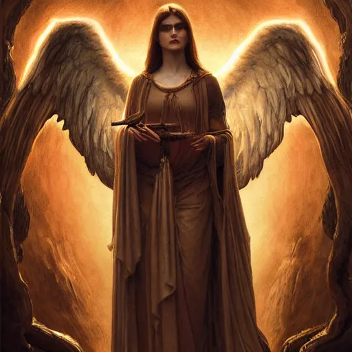 Prompt: alexandra daddario as an angel standing in the front of gates of hell. angel is draped with bones. digital painting. art station. mood lighting. skindness, highly detailed, concept art, intricate, sharp focus, einar jonsson and bouguereau - h 1 2 0 0
