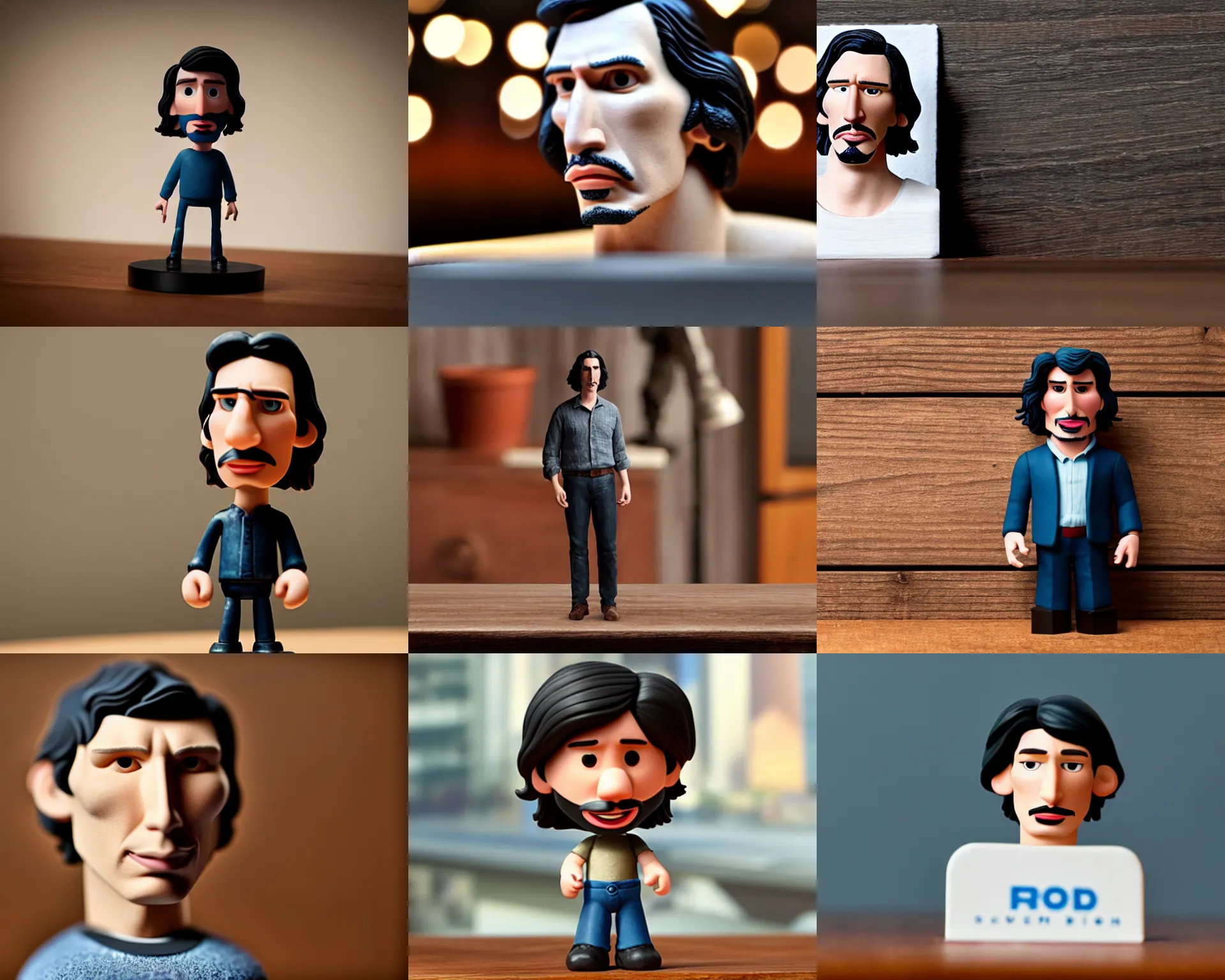 Prompt: adam driver figurine by pixar sad bokeh on wooden table.