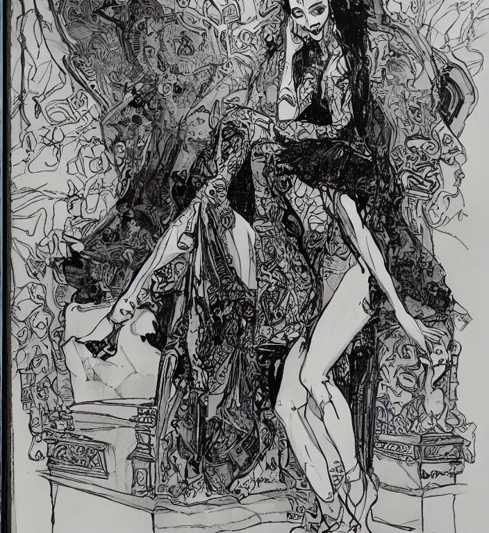 Image similar to salome full figure sitting on throne sketchbook ink drawing by james jean very detailed high contrast