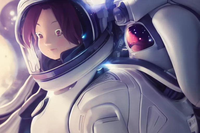 Image similar to futuristic astronaut chasing a distant spaceship Anime, portrait cute-fine-face, pretty face, realistic shaded Perfect face, wide angle, fine details, cinematic. galaxy starscape. realistic shaded lighting by Ilya Kuvshinov Giuseppe Dangelico Pino and Michael Garmash and Rob Rey greg rutkowski, octane render, IAMAG premiere, aaaa achievement collection, elegant freckles, cinematic hologram, fabulous, daily deviation, annual award winner