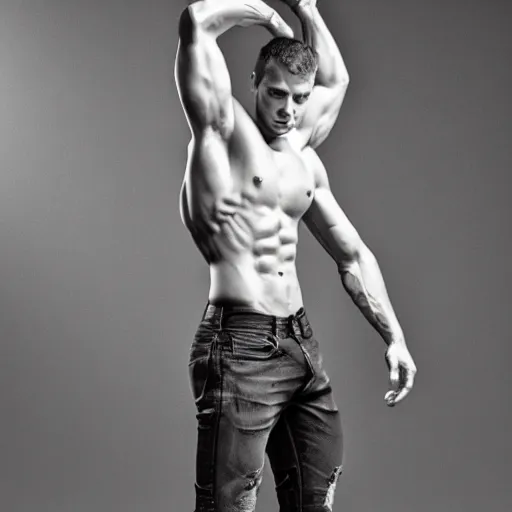 Image similar to black and white studio photo of chad with muscular body, high quality, 4 k