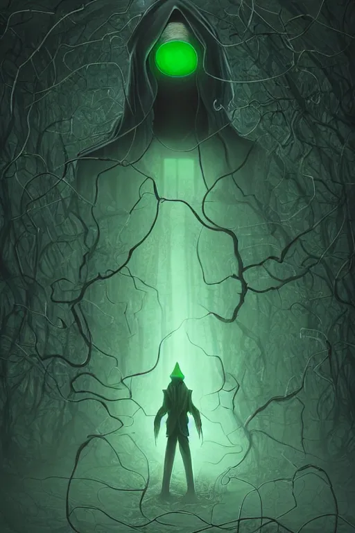 Image similar to A full body portrait of a mysterious character with no face, glowing eyes and a very long hooded dark green cloak of leaves, vines coming out the ground art by Shaddy Safadi and Jason Chan, ominous, cosmic horror, trending on artstation, Ultra detailed, hyper realistic 4k
