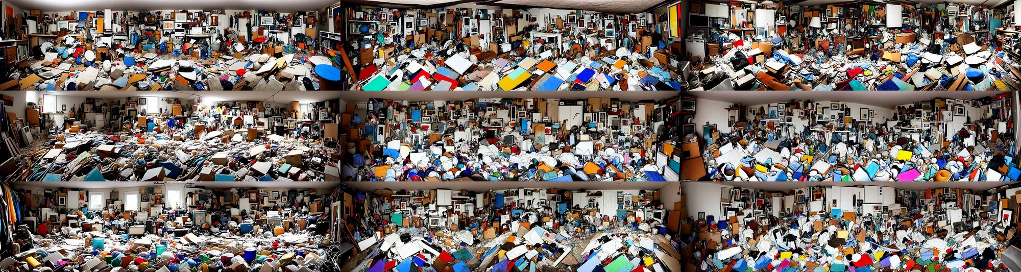 Prompt: a hyperdetailed image of a cluttered hoarder's basement, filled with hundreds of minimalist paintings