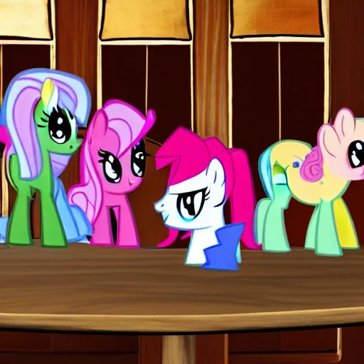 Prompt: Ponies from My Little Pony sitting at a table
