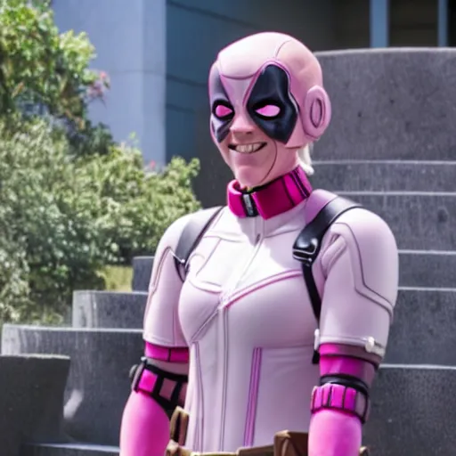 Prompt: A still of Gwenpool in Deadpool 3 (2023), blonde hair with pink highlights, no mask, white and light-pink outfit, smiling and winking at the camera