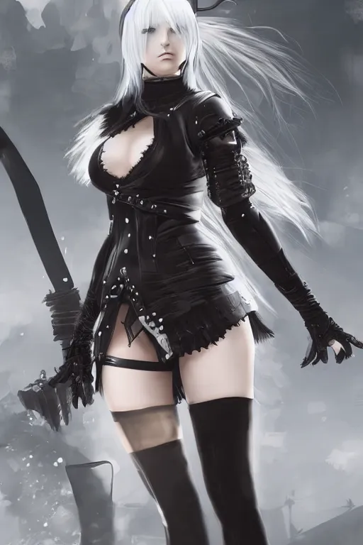 Image similar to nier automata warrior with swords, goth ninja, pretty face, ultra detailed, digital art, 8k ,character ,realistic, portrait, hyperrealistic