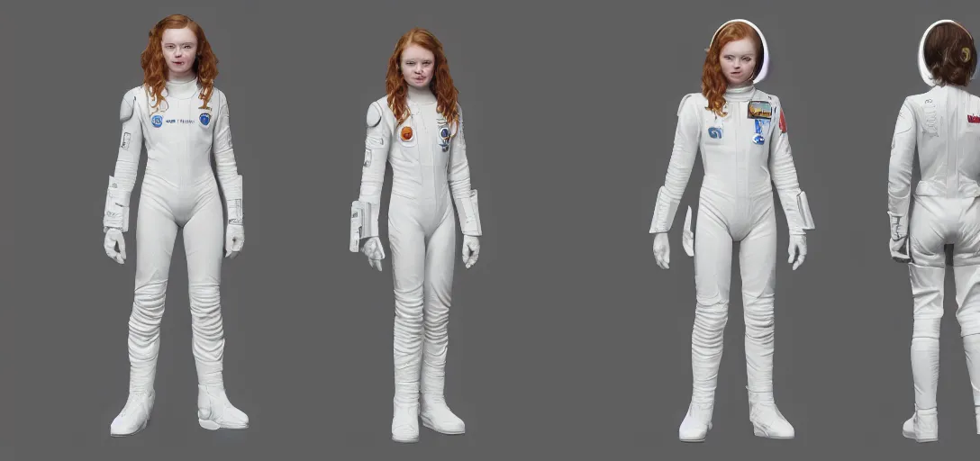 Prompt: character sheet concept art of sadie sink in a skintight white spacesuit, realistic, hyperrealistic, photographic, costume, wlop, dan mumford, greg rutkowski, high detail, octane render, alexander mcqueen, james gurney, james jean, mucha, photo, 8 k, intricate