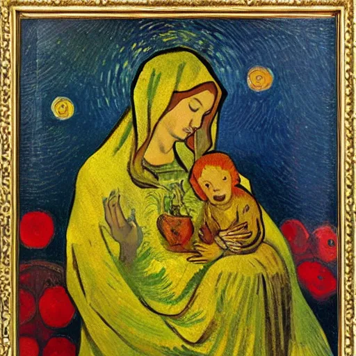 Prompt: the madonna of the goldfish, oil painting by van gogh,