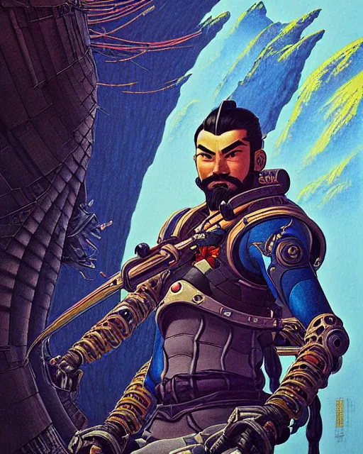 Image similar to hanzo from overwatch, character portrait, portrait, close up, concept art, intricate details, highly detailed, vintage sci - fi poster, retro future, vintage sci - fi art, in the style of chris foss, rodger dean, moebius, michael whelan, and gustave dore