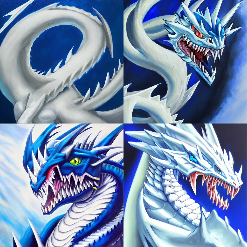 Prompt: Trending on artstation, Blue-Eyes White Dragon from Yu-Gi-Oh, oil on canvas