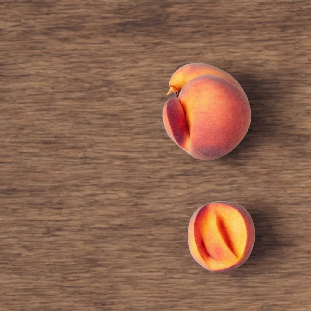 Image similar to close up view of a peach on top of a wooden table, 8k, photorealistic, proper shading
