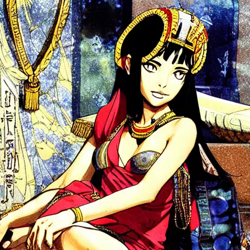 Prompt: Cleopatra of Egypt in her palace, relaxed and candid, anime portrait by Satoshi Kon and Yoji Shinkawa