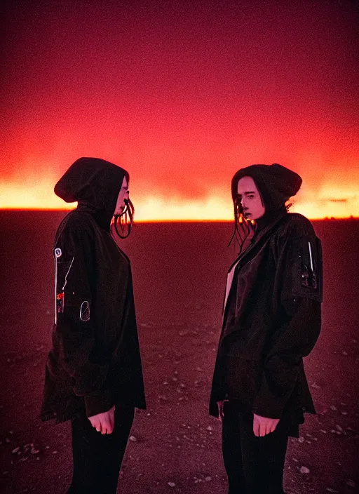 Prompt: cinestill 5 0 d photographic portrait of two loving clones, beautiful women wearing rugged black techwear on a desolate plain with a red sky, extreme closeup, diverse species, cyberpunk style, in front of a brutalist dark metal facility, dust storm, 3 5 mm, 8 k, f / 3 2, high resolution, ultra realistic faces