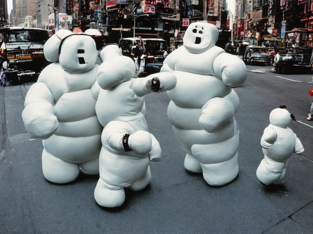 Prompt: 3 5 mm kodachrome colour photography of michelin man and stay - puft marshmallow man dancing in the streets of new york, taken by harry gruyaert